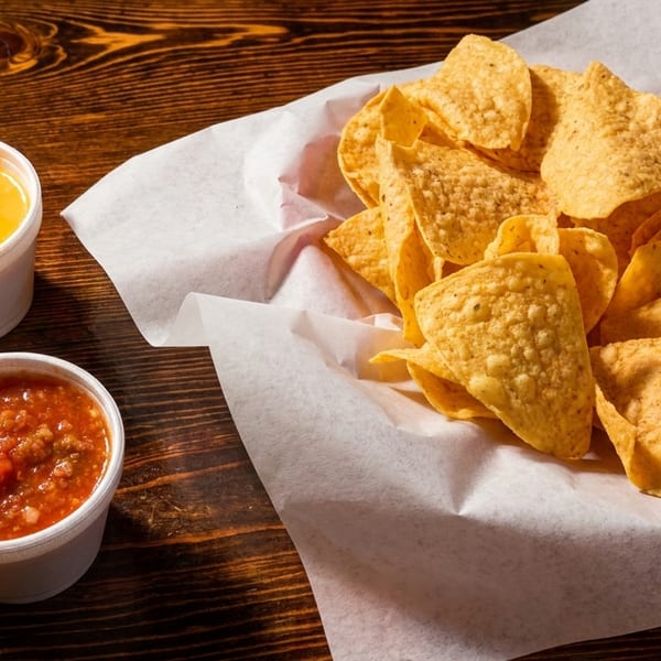 A basket of tortilla chips with sides of queso and salsa on a wooden table.