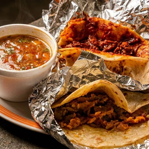 Two foil-wrapped tacos and a cup of steaming soup with a spoon on a striped plate.